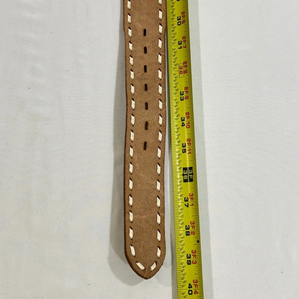 Justin Leather Belt 34 Tan Tooled Floral Whipstitch Western Cowhide Unisex Brass